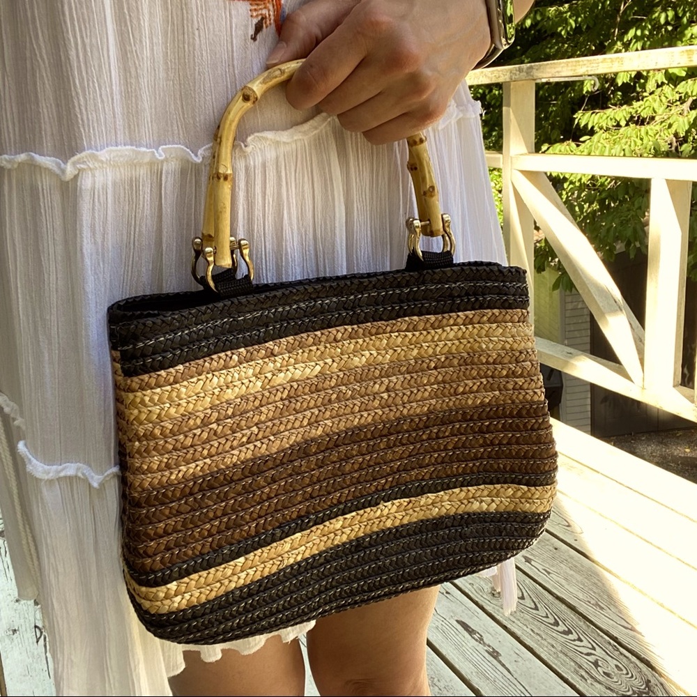 Straw Handbag with Bamboo Handles Multi Ombré Brown Tan Beige Wheatstraw.